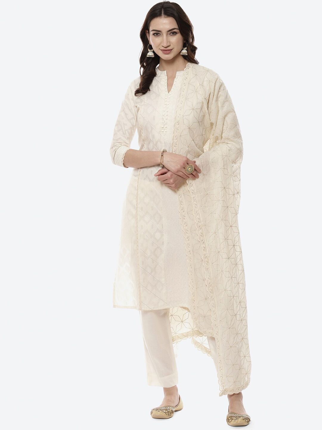 Biba Off White Pure Cotton Unstitched Dress Material Price in India