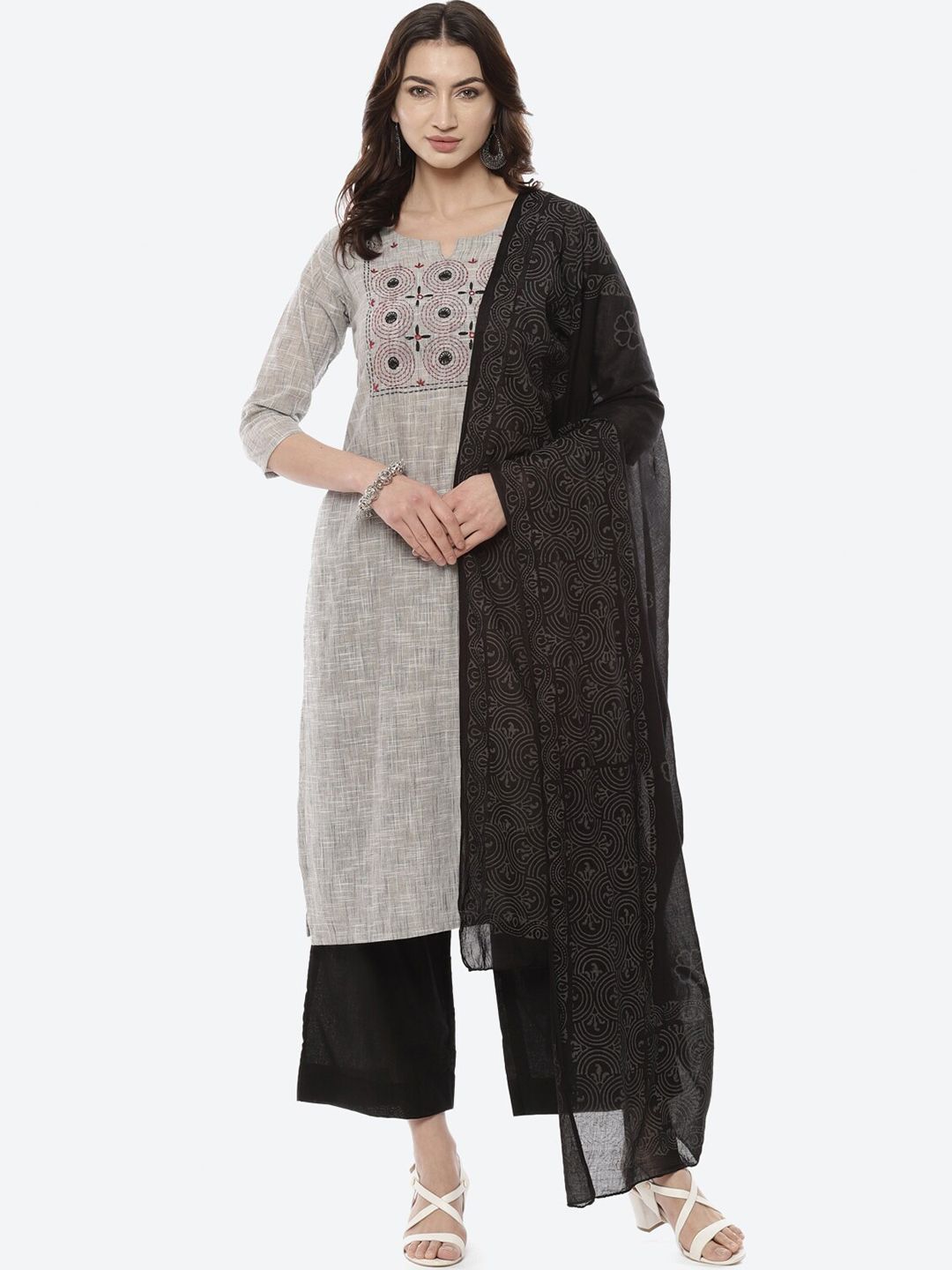 Biba Black & Grey Printed Pure Cotton Unstitched Dress Material Price in India