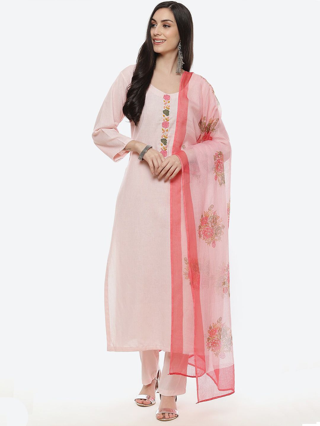 Biba Peach-Coloured & Green Embroidered Linen Unstitched Dress Material Price in India