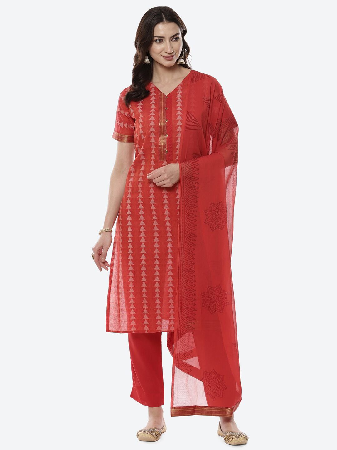 Biba Red Pure Cotton Woven Design Unstitched Dress Material Price in India