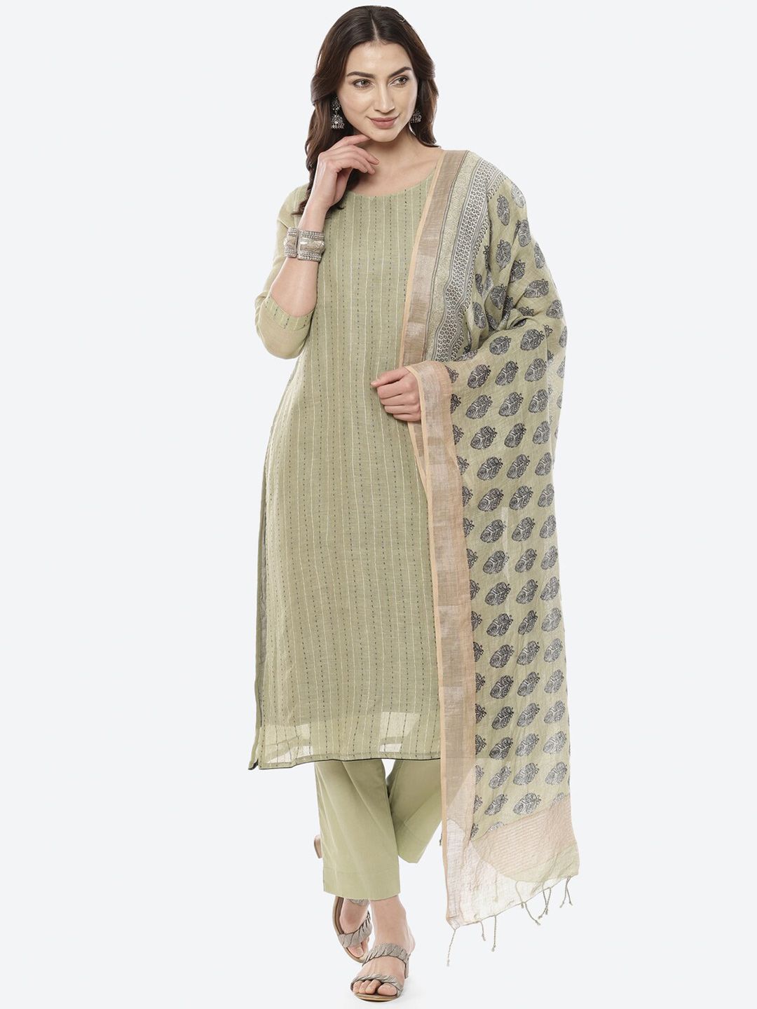 Biba Beige & Blue Ethnic Motifs Printed Linen Unstitched Dress Material Price in India
