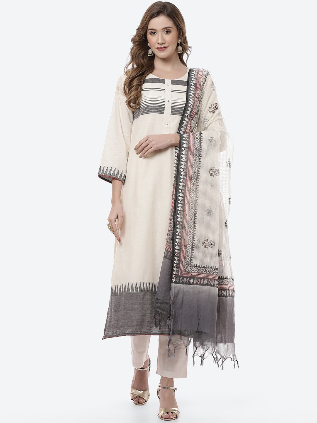 Biba Off White & Black Printed Pure Cotton Unstitched Dress Material Price in India