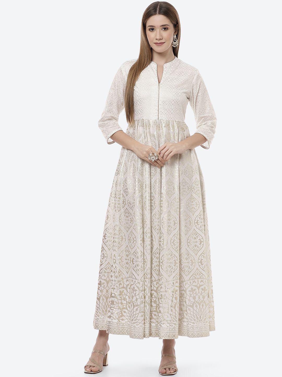 Biba Women Off White & Gold-Toned Ethnic Motifs Cotton Maxi Dress Price in India