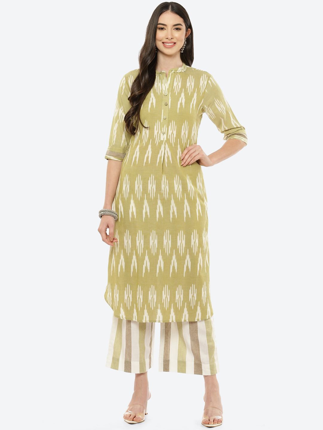 Biba Women Olive Green Striped Pure Cotton Kurta with Palazzos Price in India