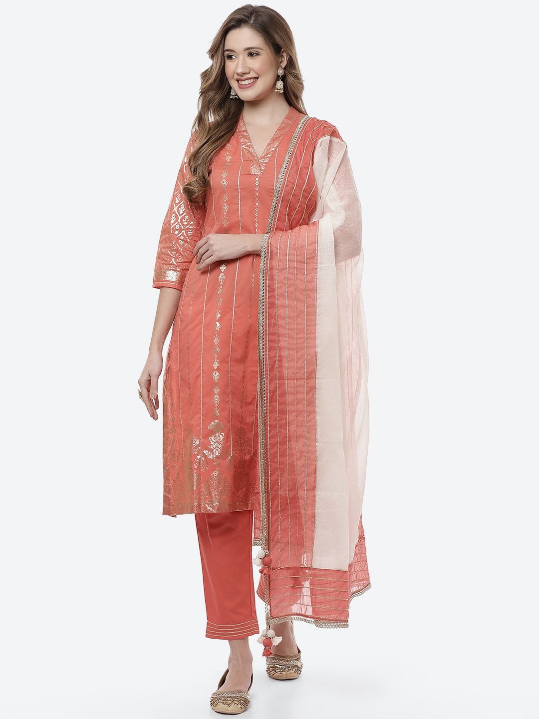 Biba Women Coral & Gold-Toned Printed Pure Cotton Kurta with Trousers & Dupatta Price in India