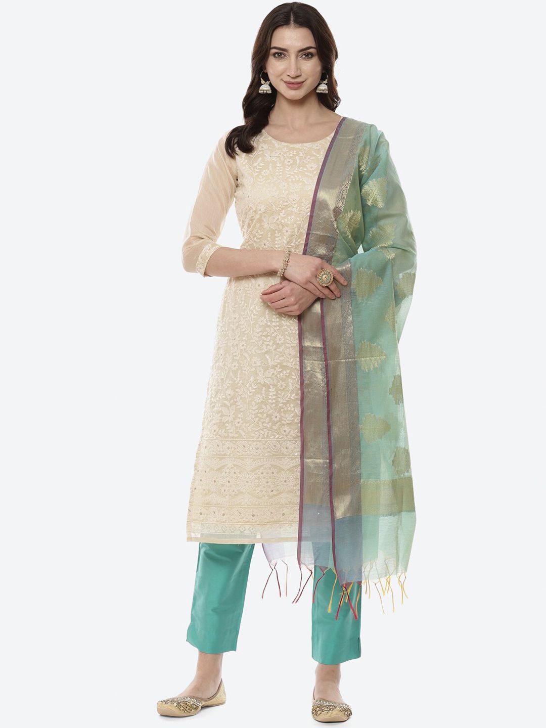 Biba Beige & Blue Embroidered Cotton Blend Unstitched Dress Material Price in India