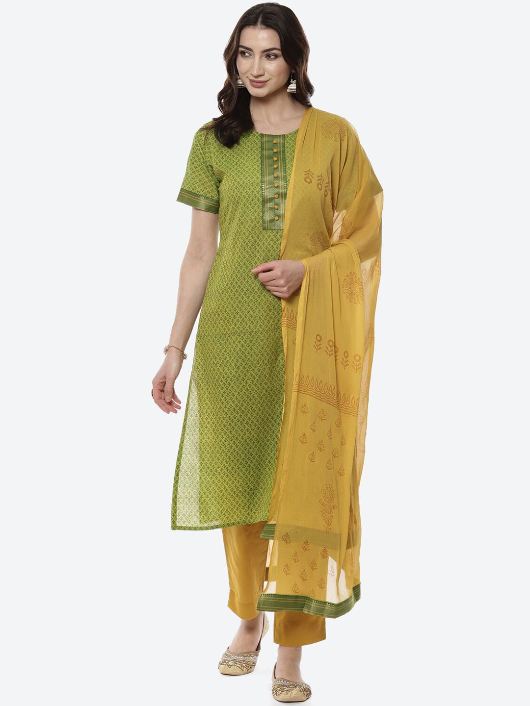 Biba Green & Yellow Embellished Pure Cotton Unstitched Dress Material Price in India