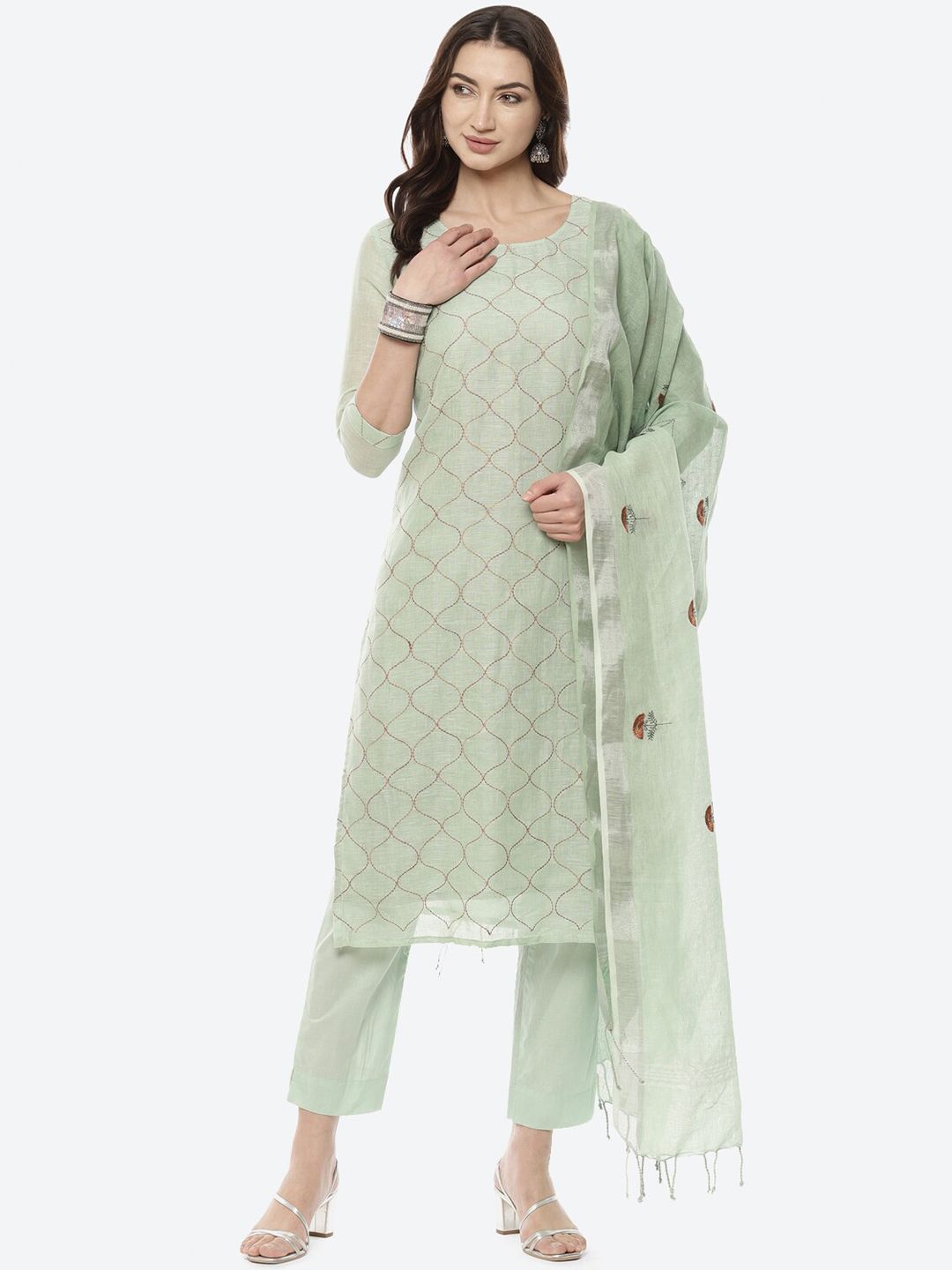 Biba Women Green & Rust Linen Unstitched Dress Material Price in India