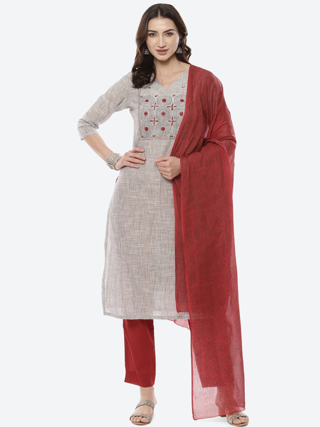 Biba Red & Grey Embroidered Pure Cotton Unstitched Dress Material Price in India