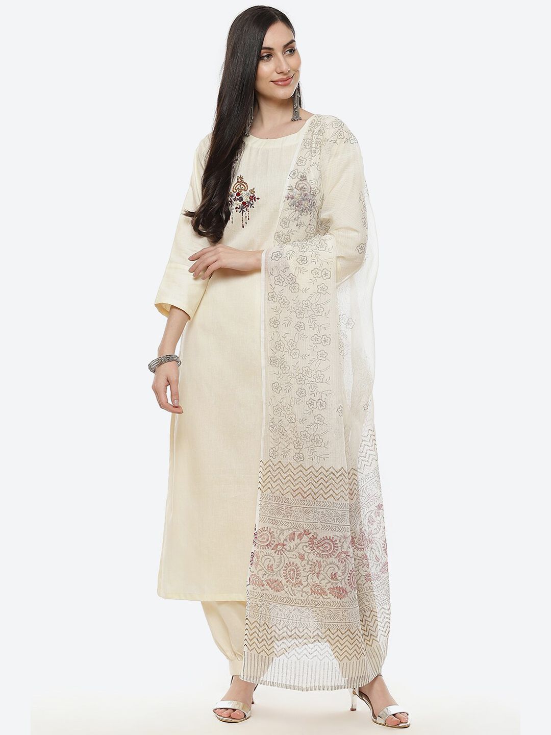 Biba Cream-Coloured & Maroon Embroidered Linen Unstitched Dress Material Price in India