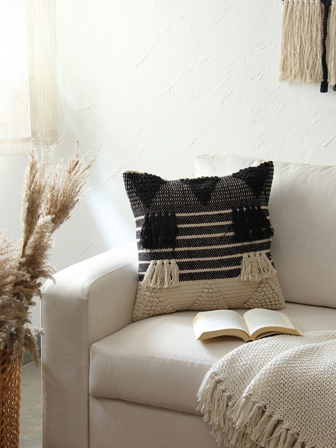 House This Kunbi Black & Beige Self Design Tasselled Square Cushion Covers Price in India