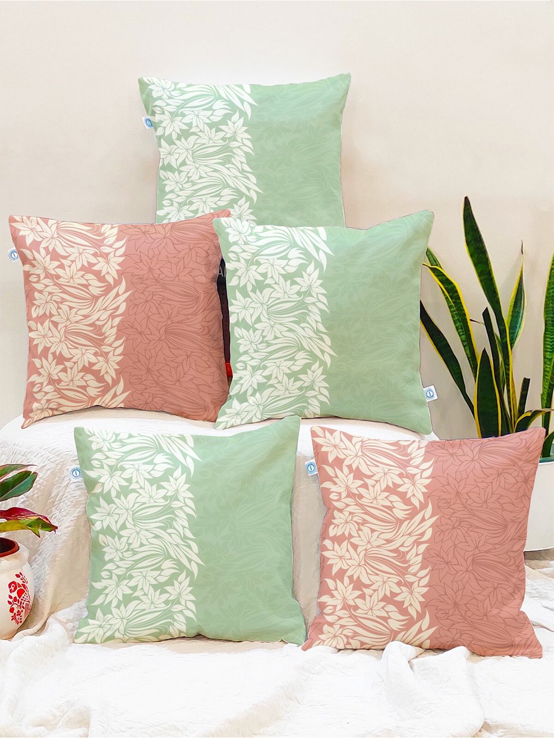 STITCHNEST STITCHNEST Set of 5 Green & Peach Floral 16'' x 16'' Cushion Cover