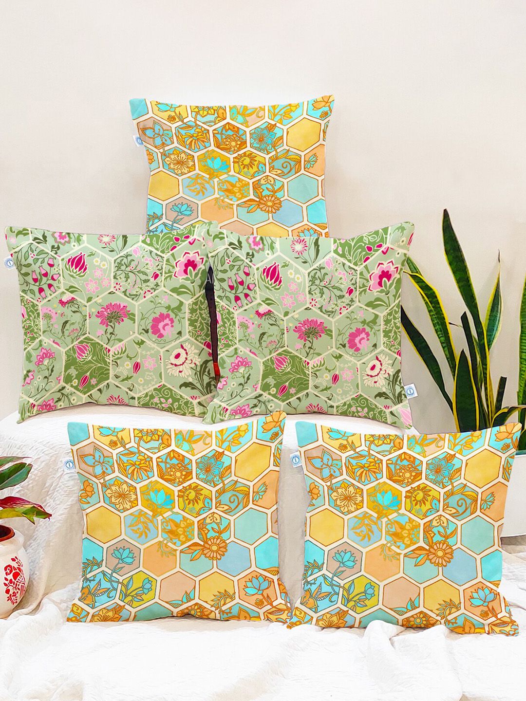 STITCHNEST Set of 5 Green & Yellow Floral 12'' x 12'' Cushion Cover