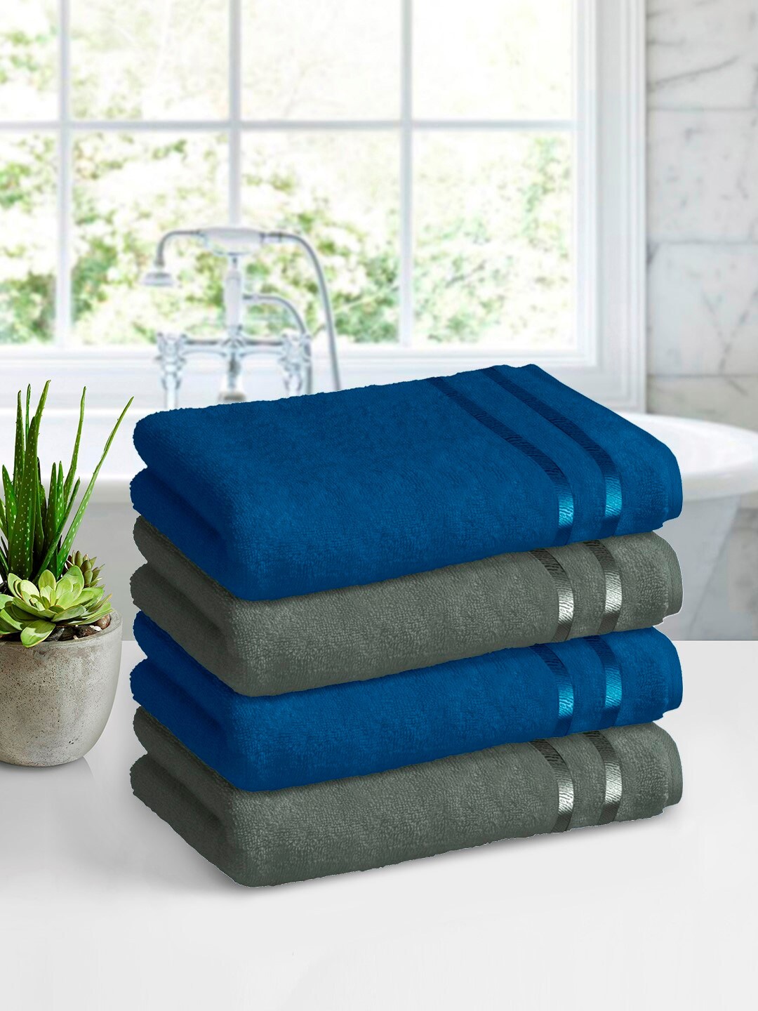 Story@home Blue & Charcoal Grey Pack of 4 450 GSM Pure Cotton Bath Towels Price in India