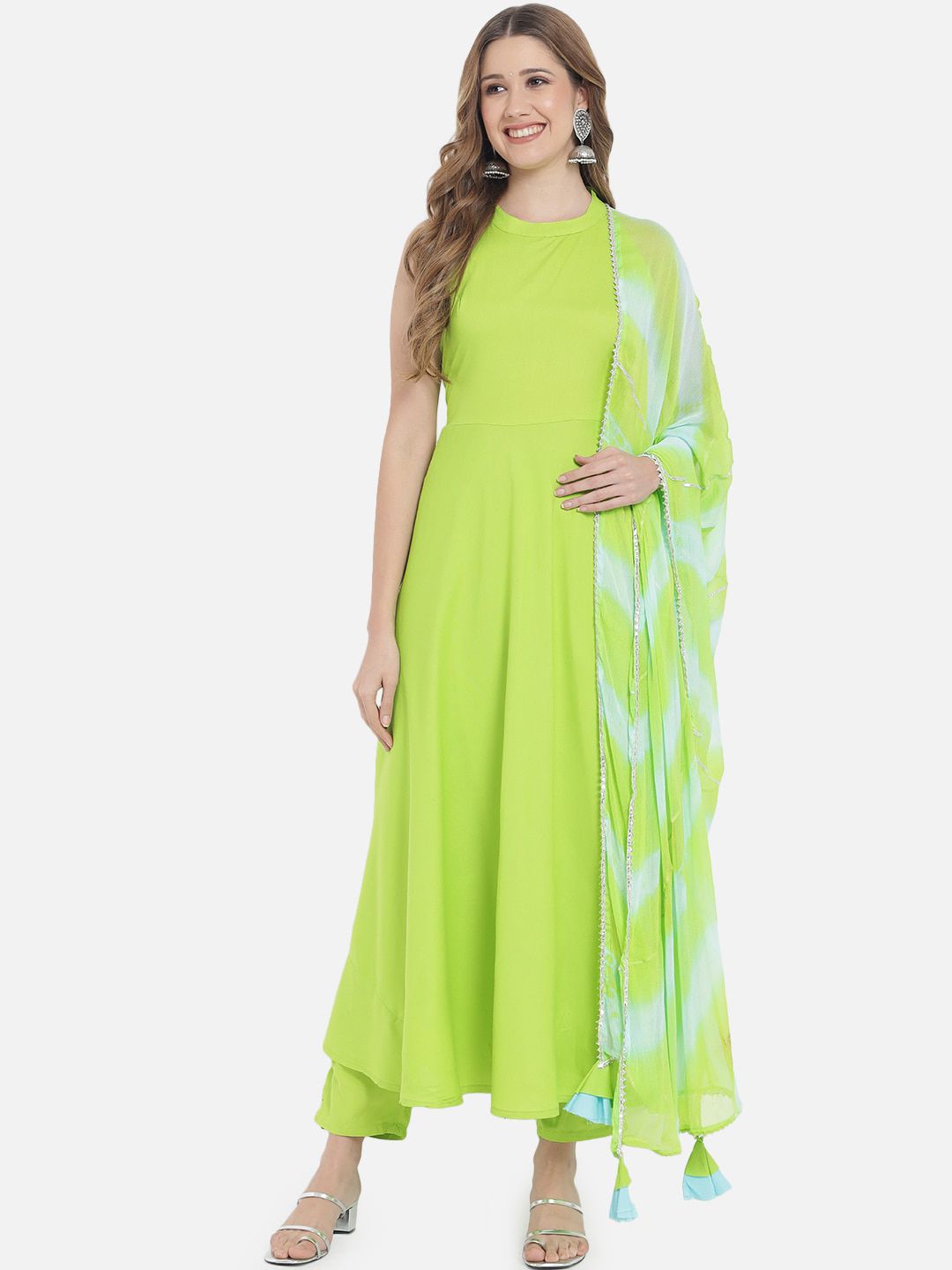 Meeranshi Women Fluorescent Green Pleated Kurta with Trousers & With Dupatta Price in India