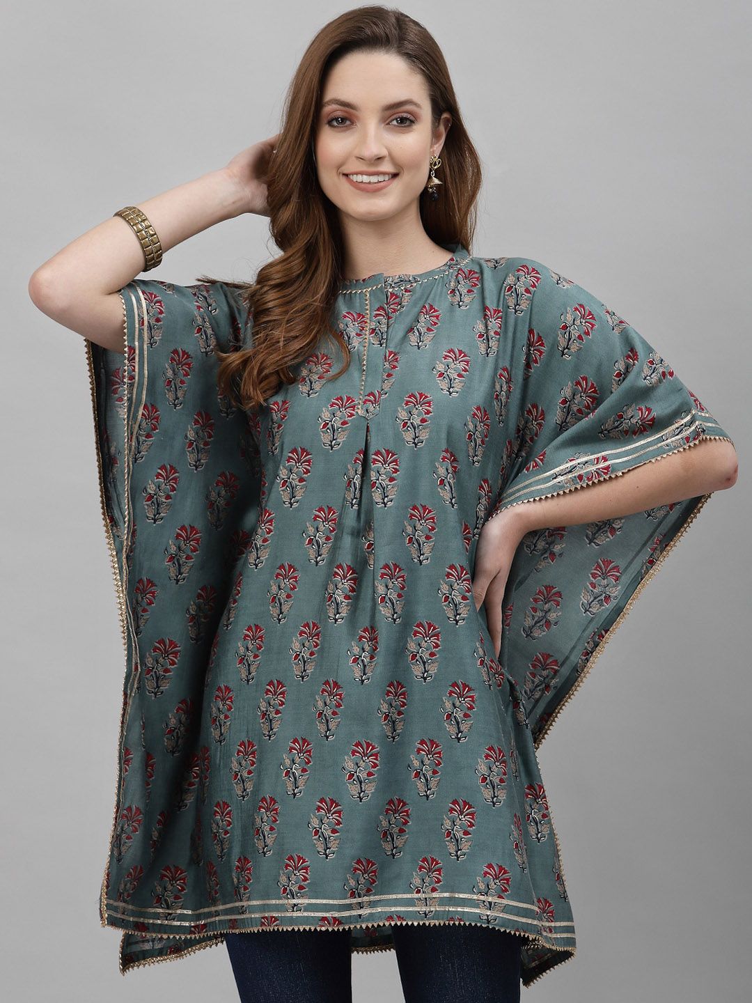 TANKHI Women Green Floral Printed Thread Work Kaftan Kurta Price in India