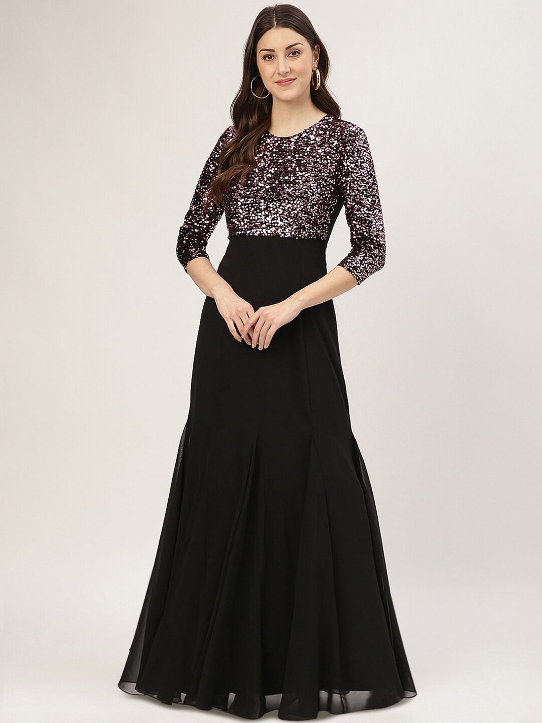 TRENDY DIVVA Black & Pink Embellished Maxi Dress Price in India
