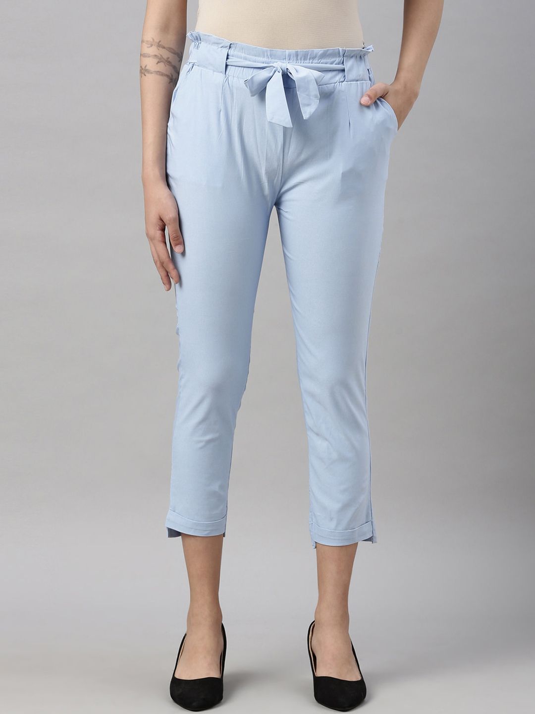 GOLDSTROMS Women Blue Slim Fit Pleated Peg Trousers Price in India