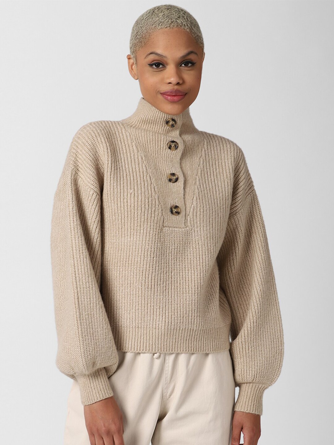 FOREVER 21 Women Beige Bishop Sleeves turtle Neck Ribbed Pullover Price in India