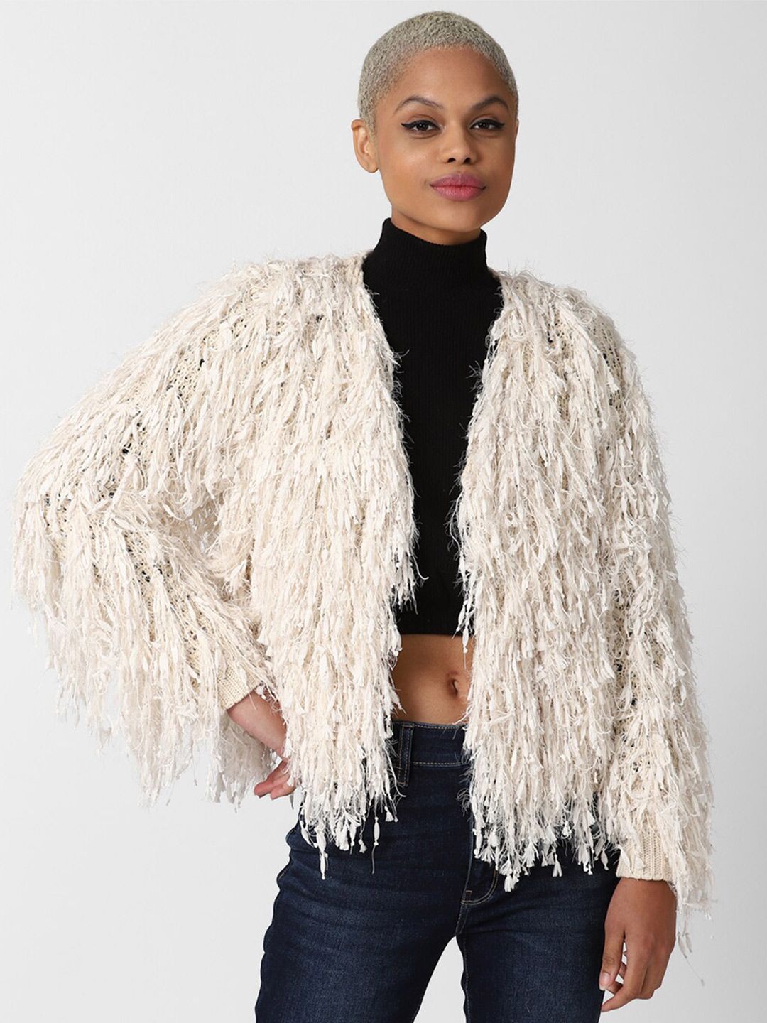 FOREVER 21 Women Cream-Coloured Quirky Sweater with Fringed Detail Price in India