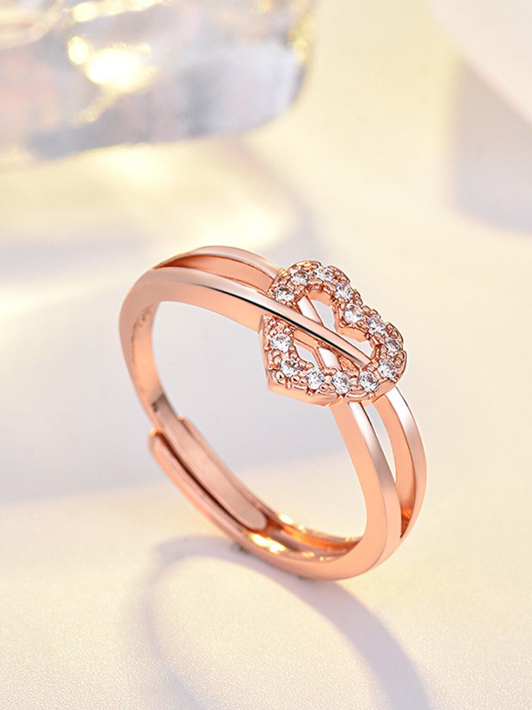 Shining Diva Fashion Women Rose Gold-Plated  White CZ-Studded Adjustable Heart Shaped Finger Ring Price in India
