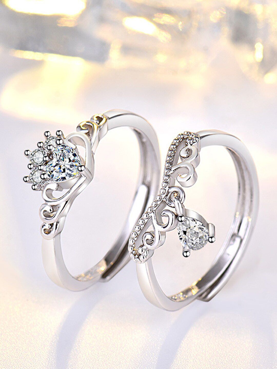 Shining Diva Fashion Set of 2 Silver-Toned Platinum Plated Adjustable Solitaire Rings Price in India