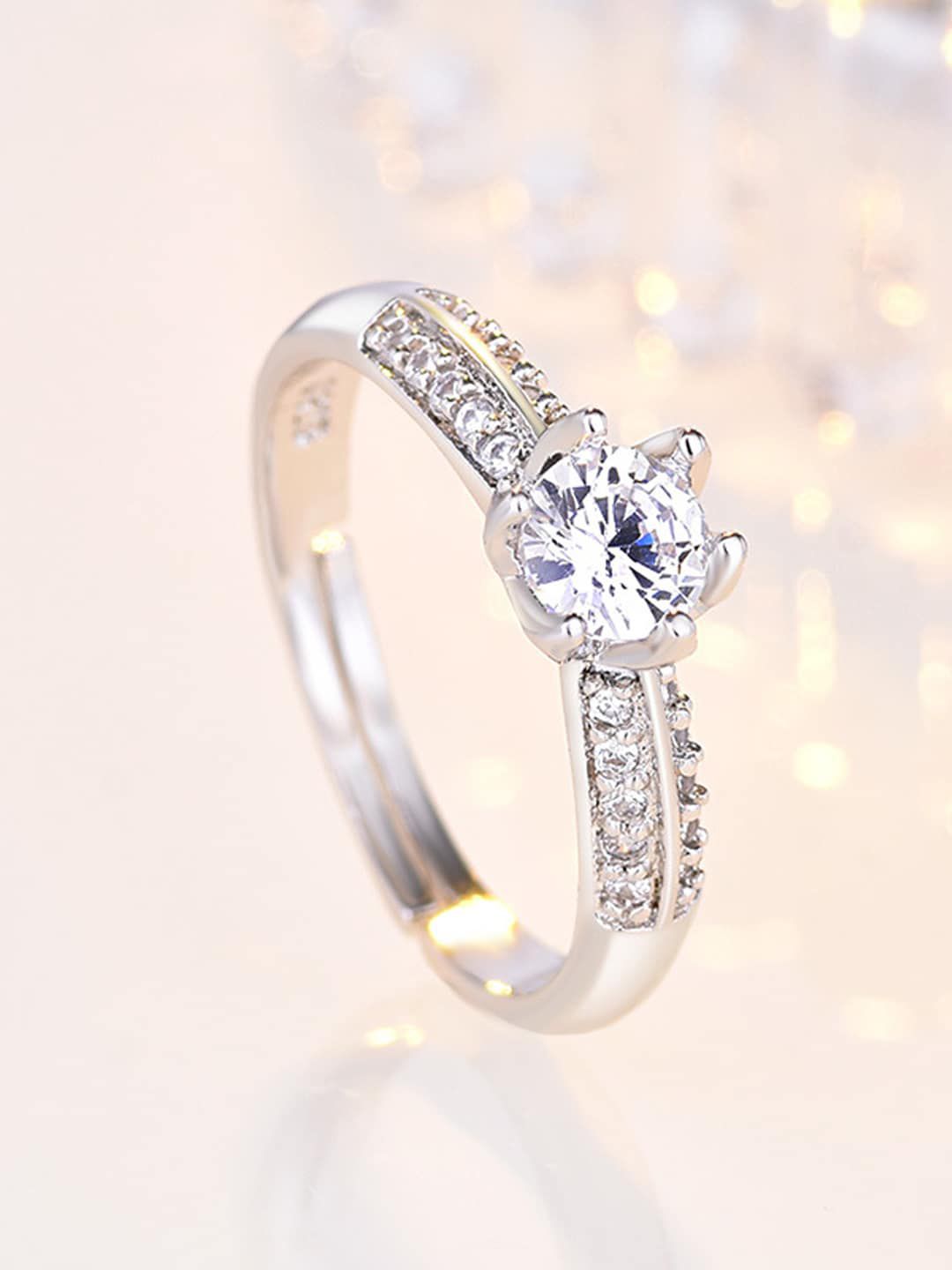 Shining Diva Fashion Platinum-Plated Silver-Toned  White Solitaire-Studded Adjustable Finger Ring Price in India