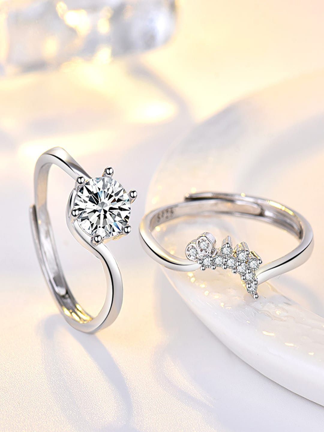 Shining Diva Fashion Set Of 2 Platinum-Plated CZ-Studded Adjustable Finger Rings Price in India