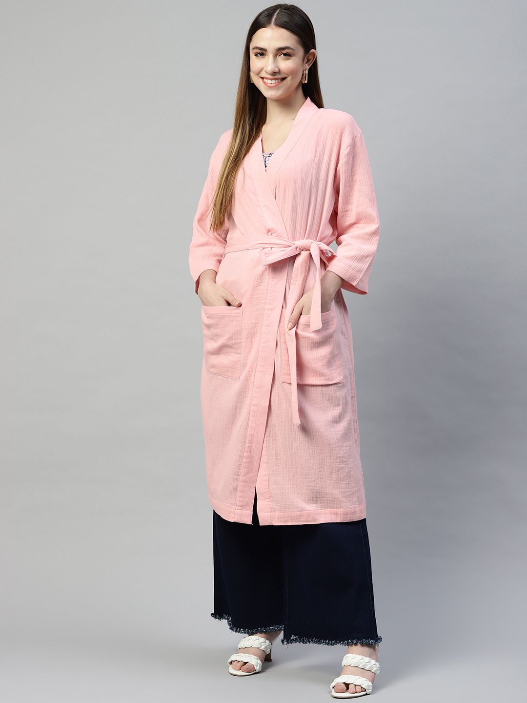 I AM FOR YOU Women Pink Cotton Longline Shrug Price in India