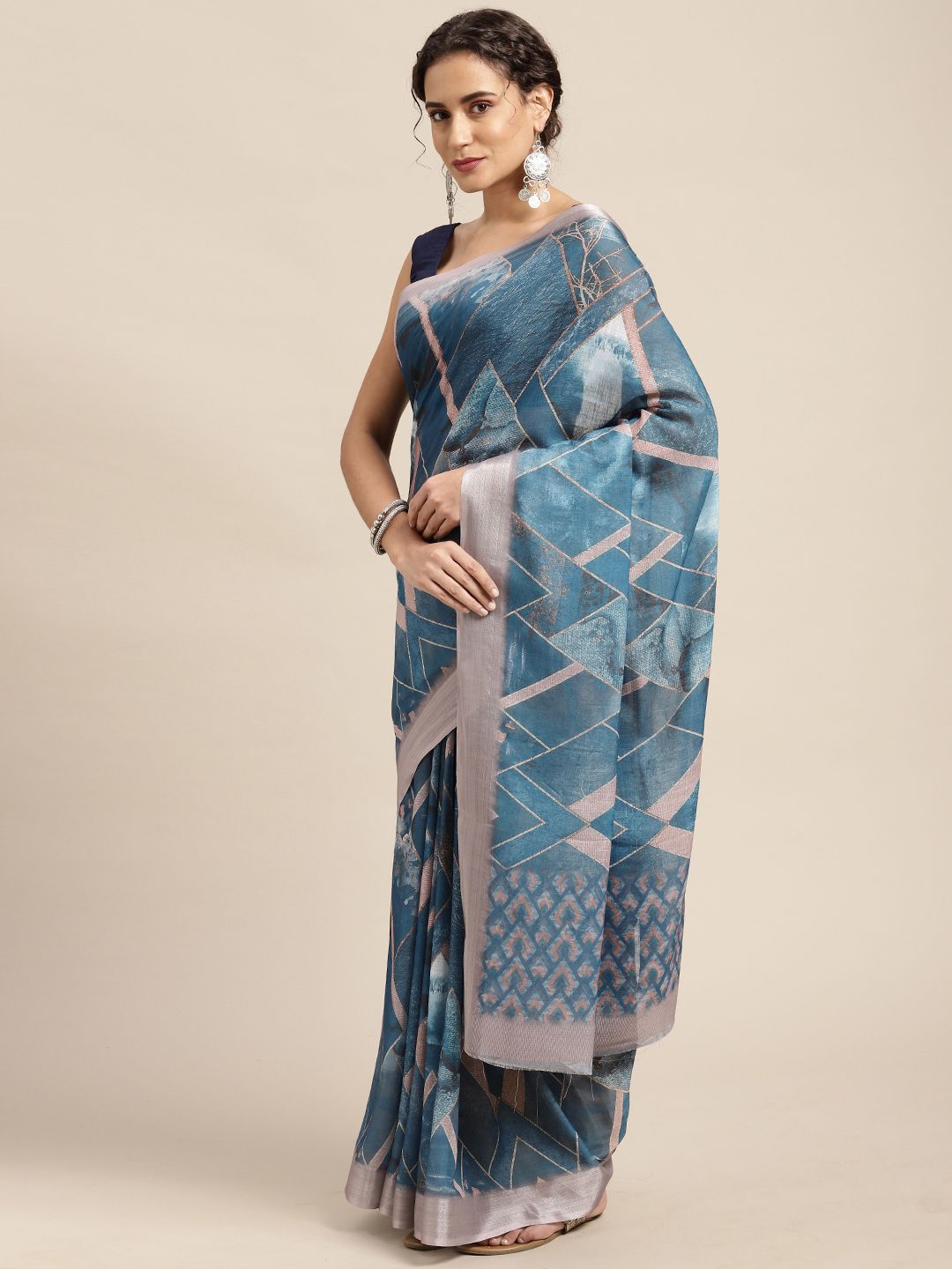 Mitera Blue & Grey Abstract Print Pure Linen Celebrity Saree Price in India