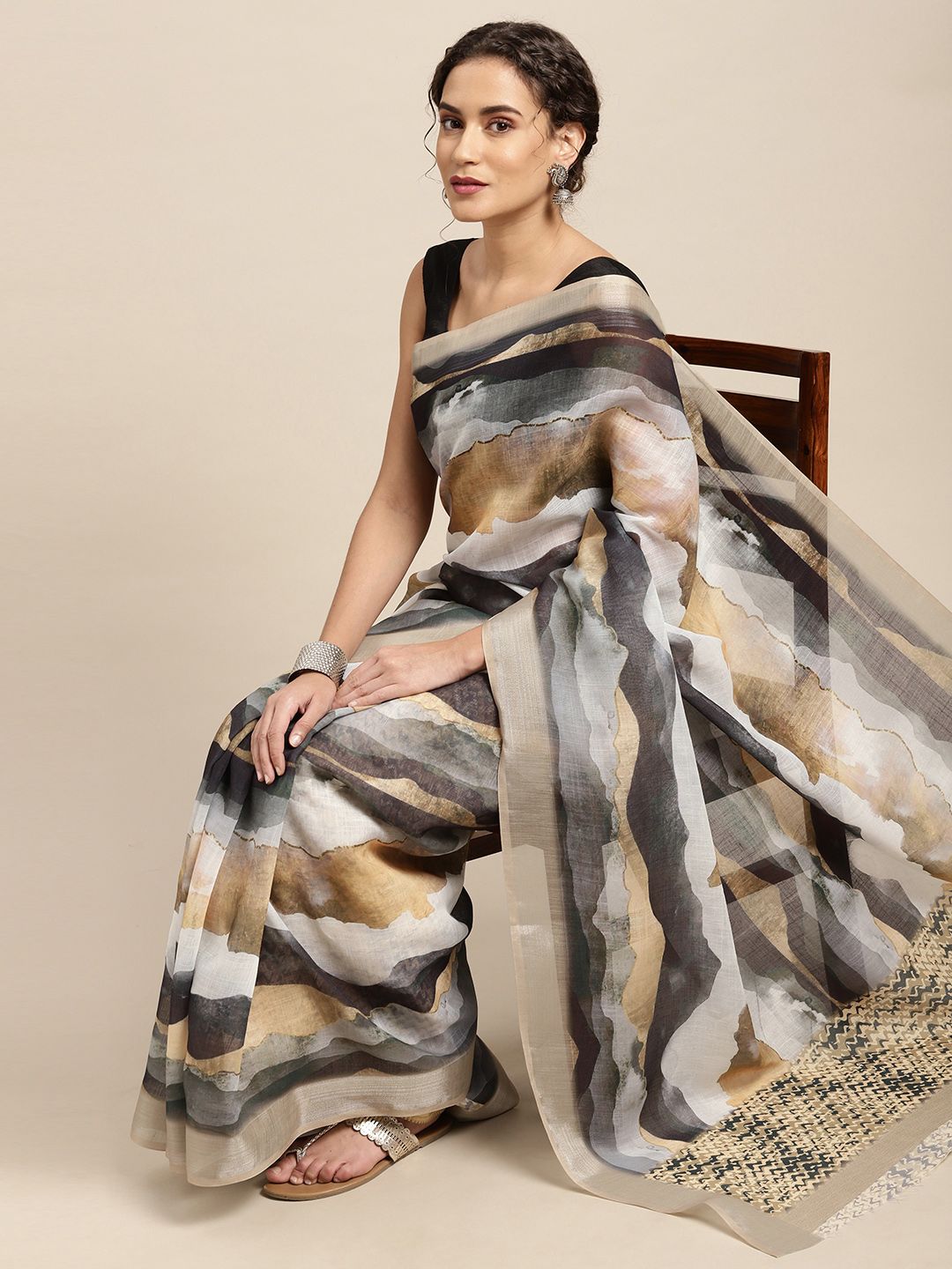 Mitera Black & Beige Abstract Print Pure Linen Celebrity Saree Price in India