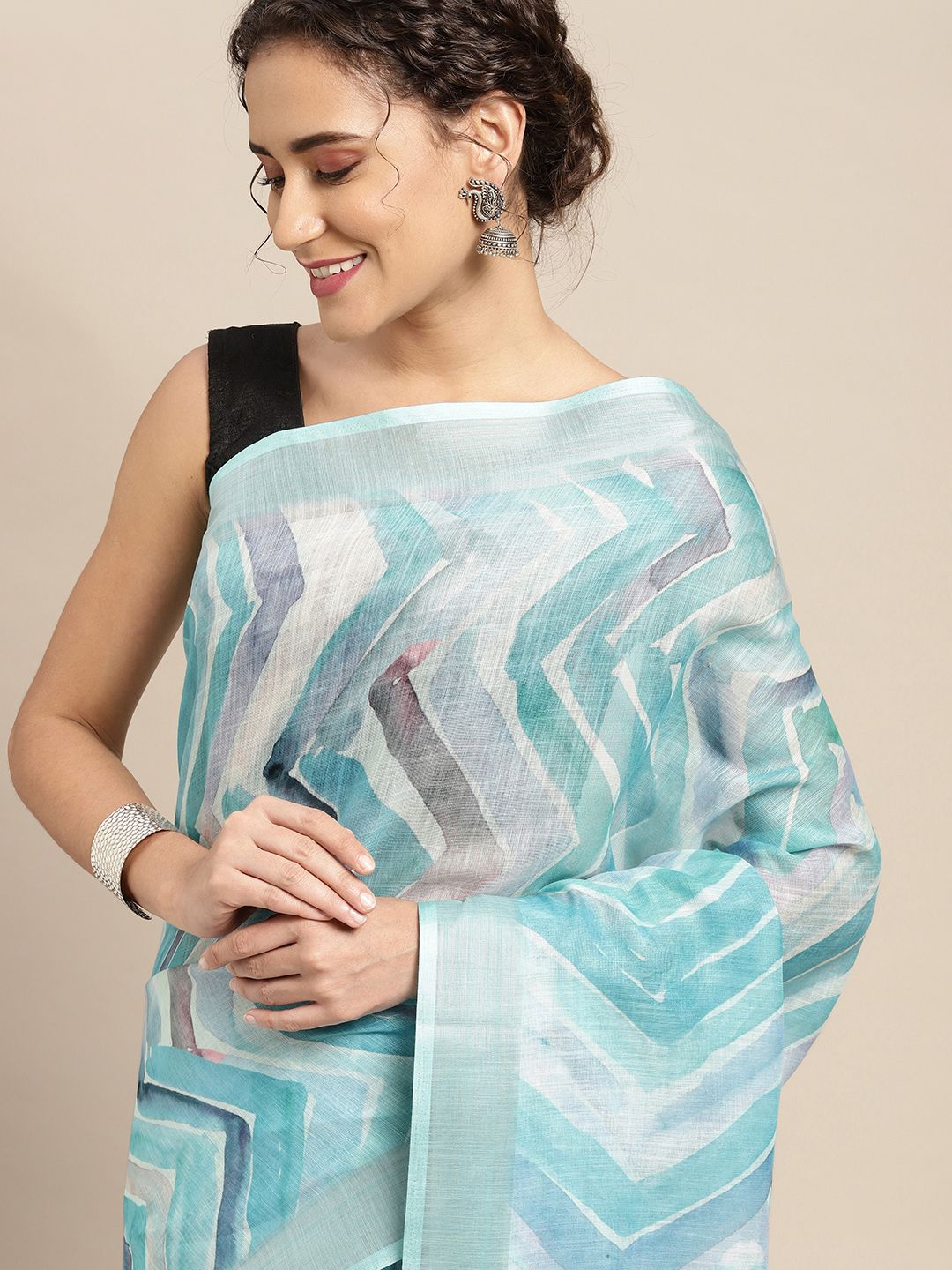 Mitera Blue Abstract Print Pure Linen Celebrity Saree Price in India