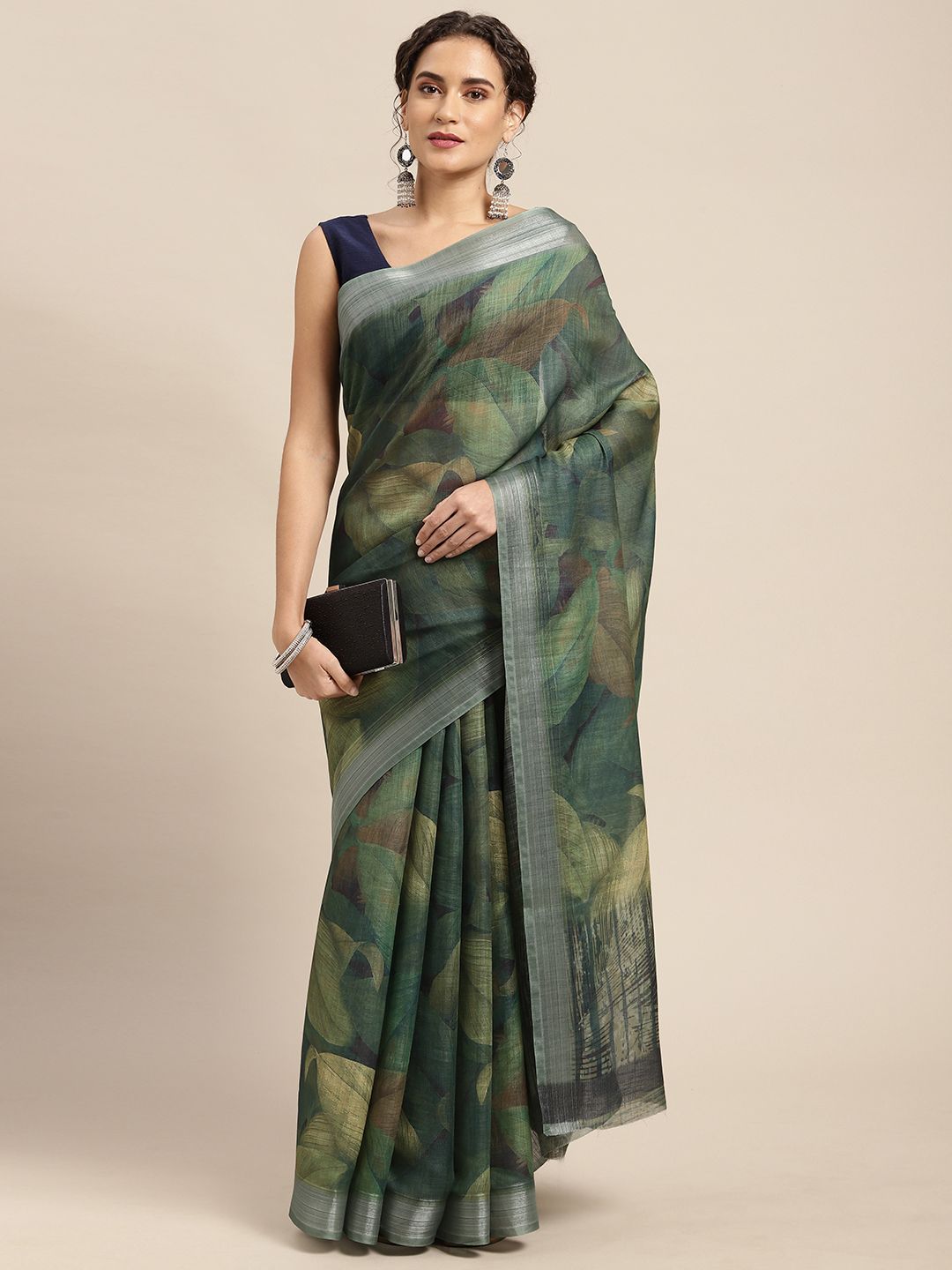 Mitera Green Abstract Print Pure Linen Celebrity Saree Price in India