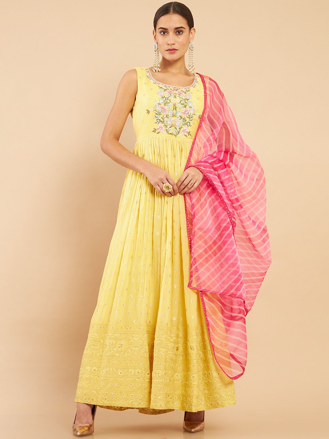 Soch Women Floral Printed Pleated Beads and Stones Kurta with Churidar & With Dupatta Price in India