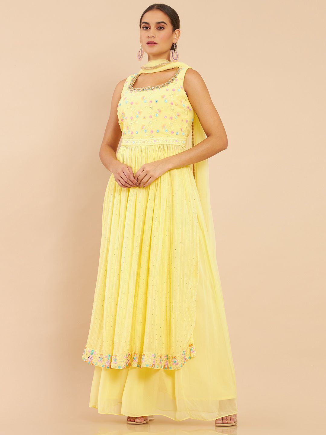 Soch Women Yellow Georgette Solid Round Neck Suit Set