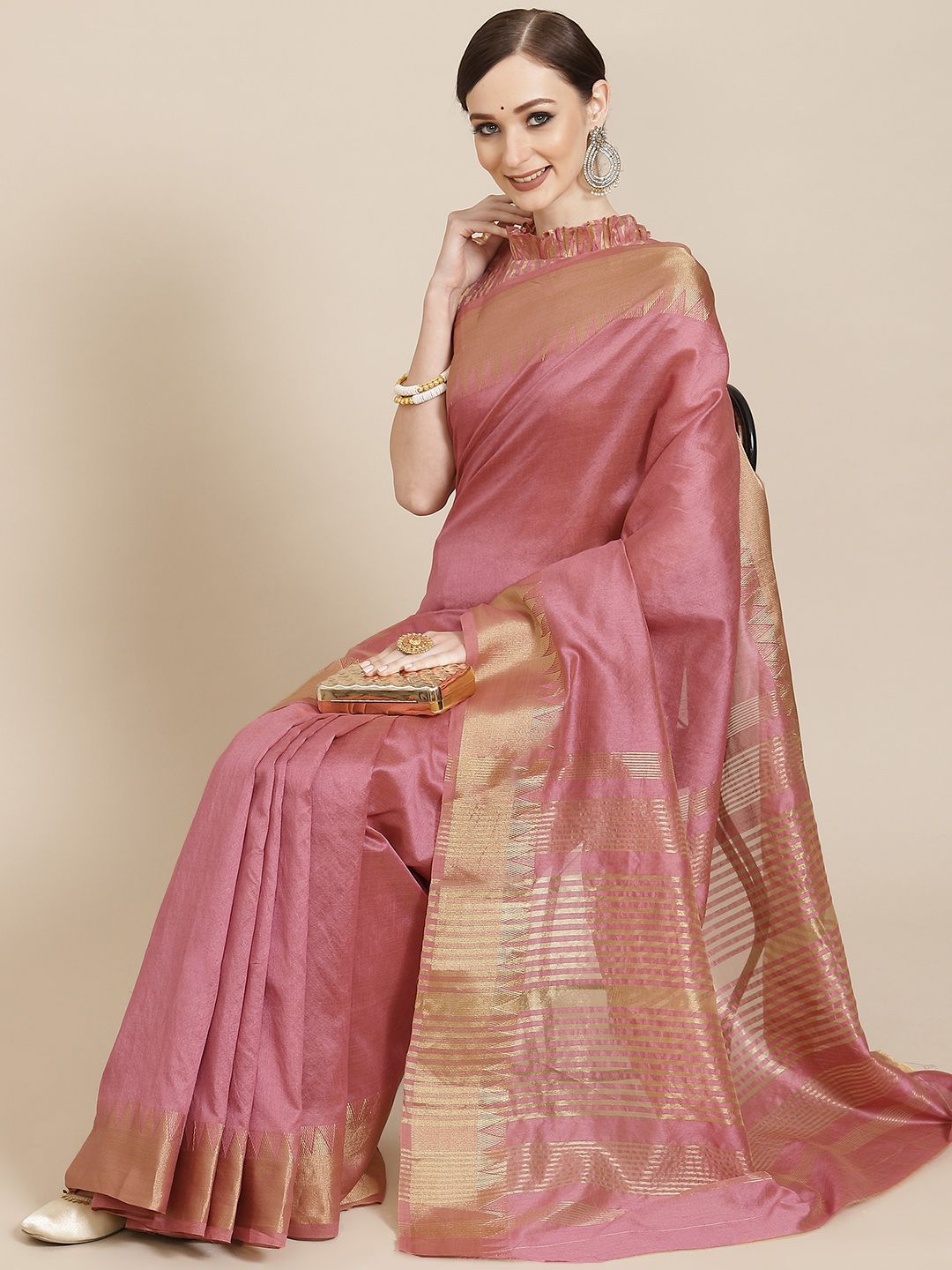 KALINI Pink & Golden Pure Silk Saree Price in India