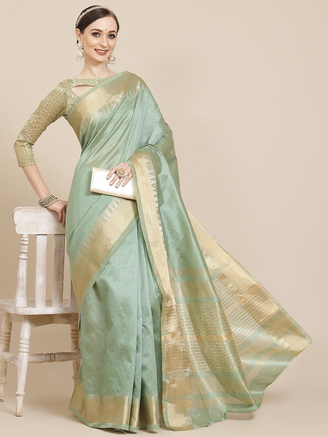 KALINI Green & Golden Solid Woven Design Saree Price in India