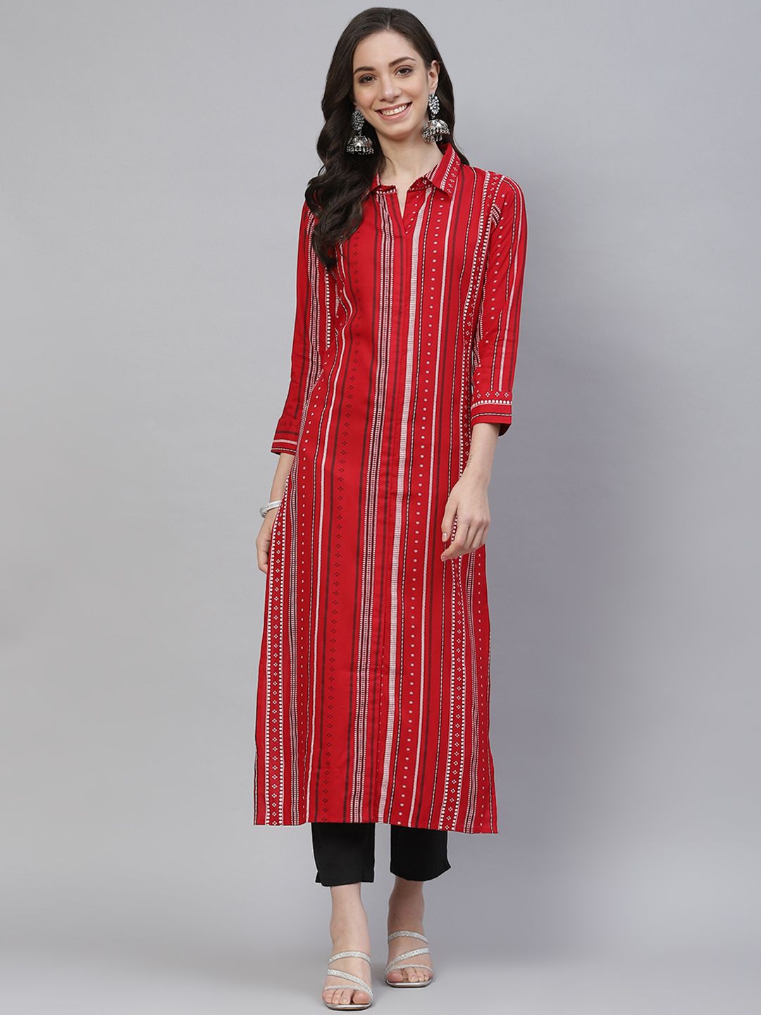 mokshi Women Red Multi Or Variegated Shirt Collar Cuffed Sleeves Viscose Rayon Kurta Price in India