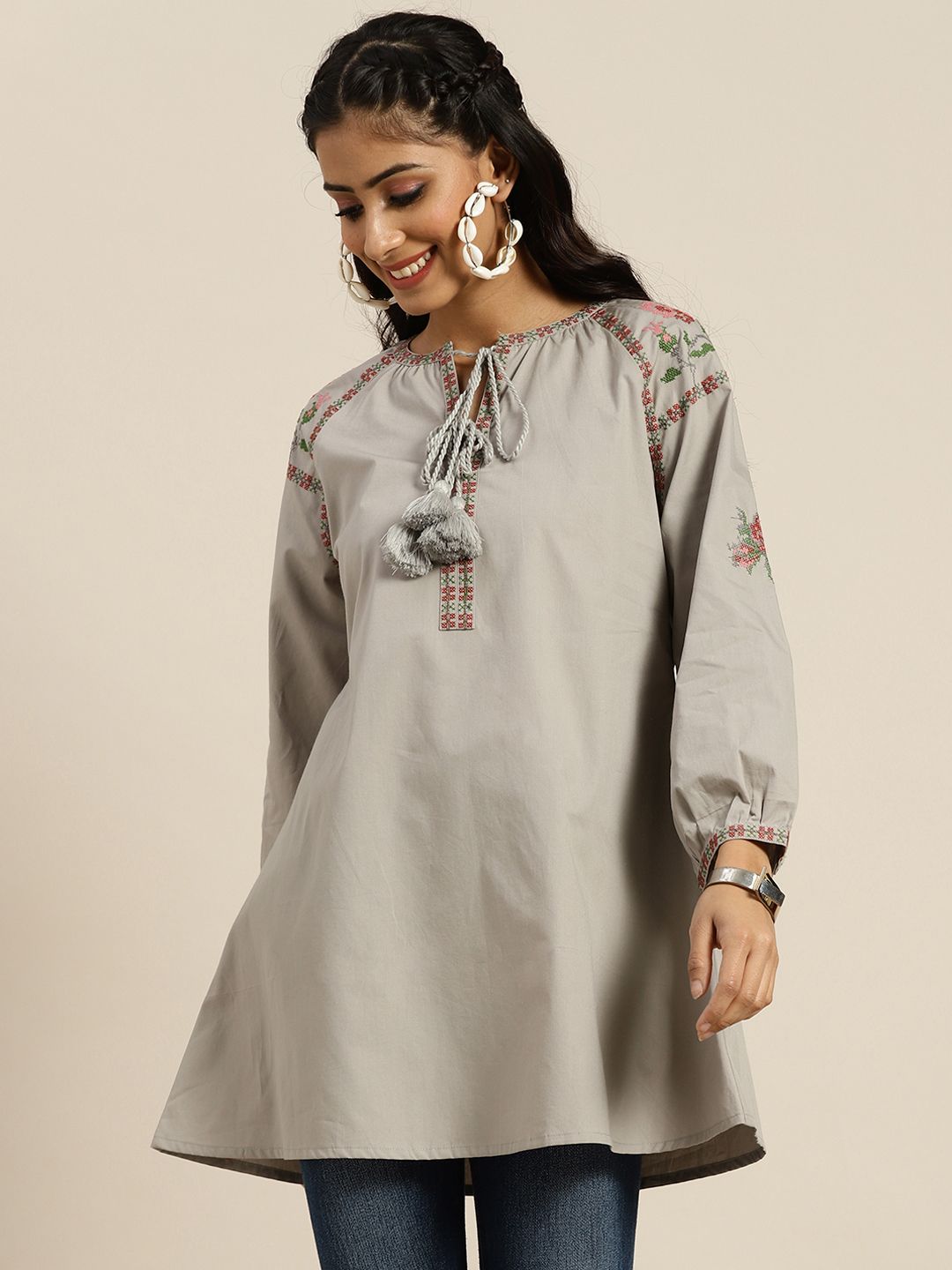 Sangria Grey & Maroon Embroidered Pure Cotton Thread Work Kurti Price in India