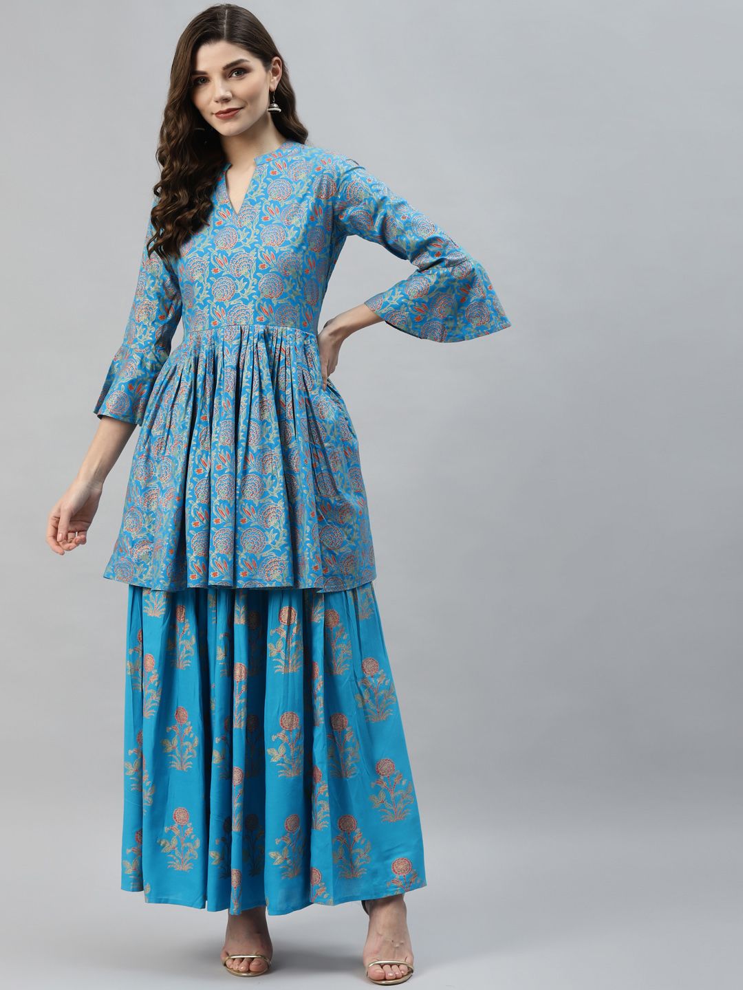 Aasiya Women Blue Floral Printed Panelled Kurta with Skirt Price in India