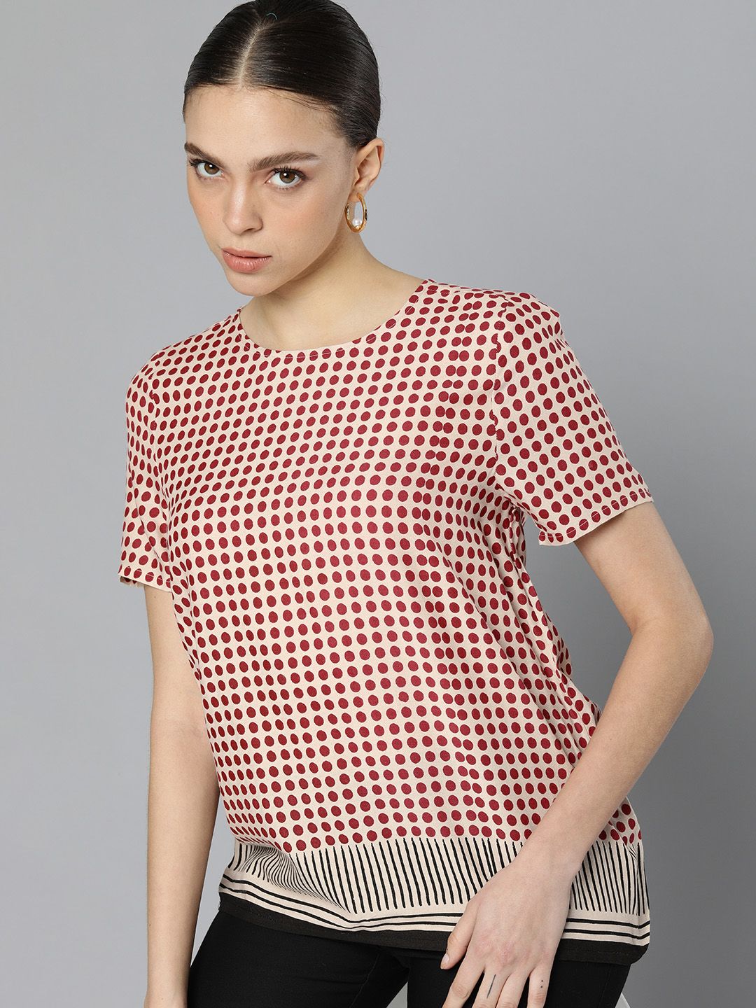 Chemistry Women Beige & Red Geometric Print Casual Top Price in India