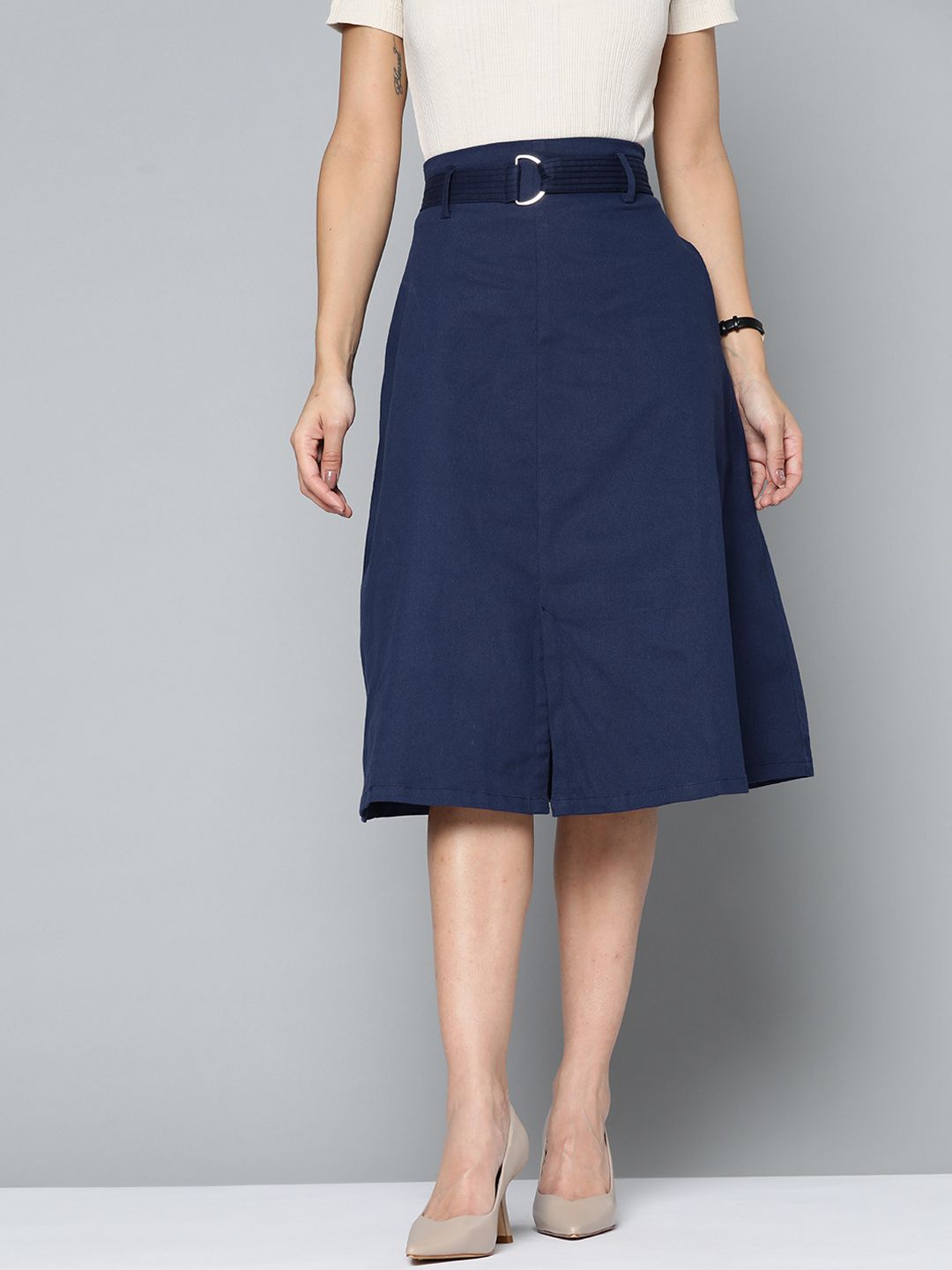 Chemistry Women Navy Blue Solid A-Line Skirt with Belt Price in India