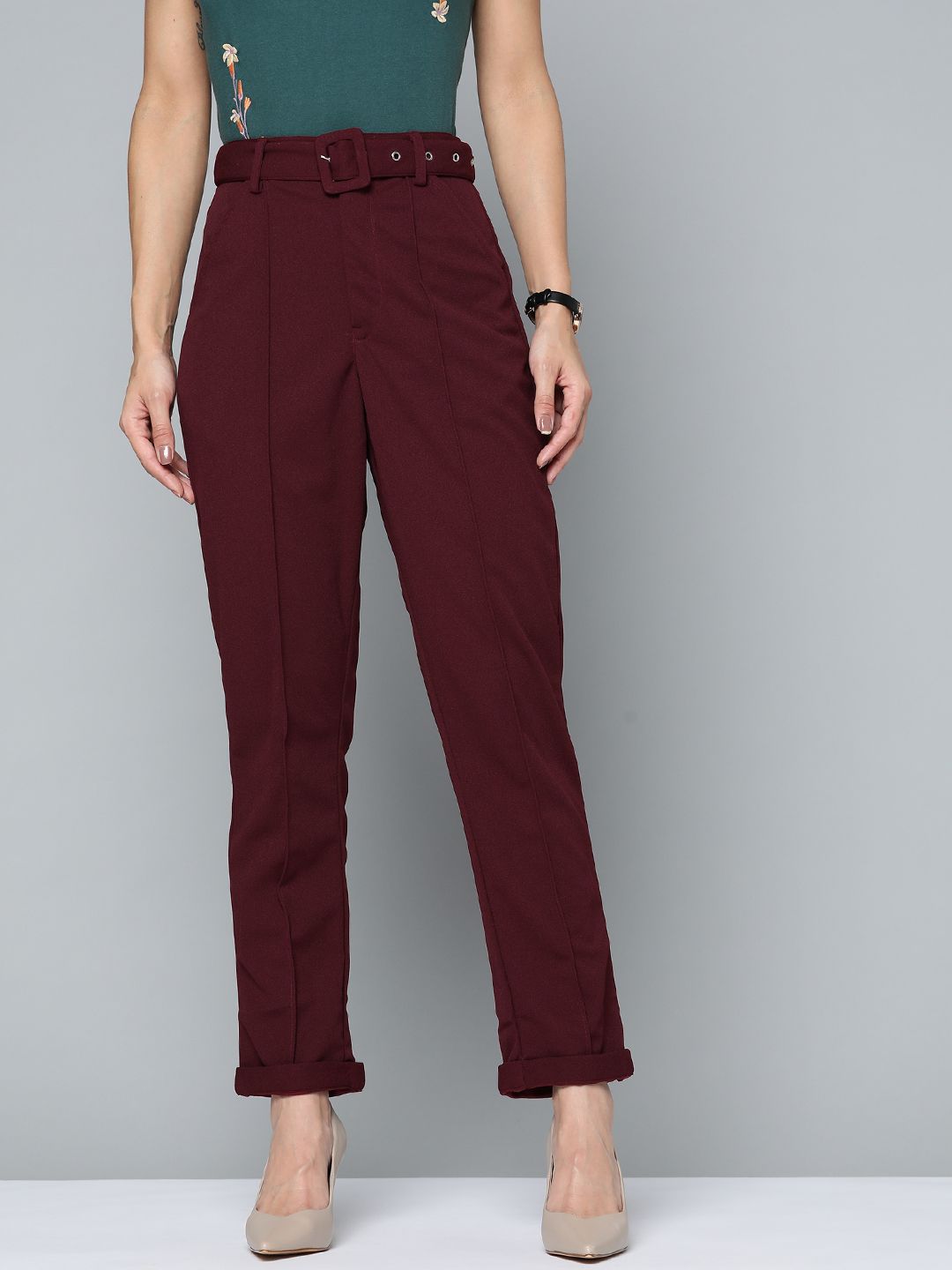 Chemistry Women Maroon Solid Pleated Trousers Comes with a Belt Price in India