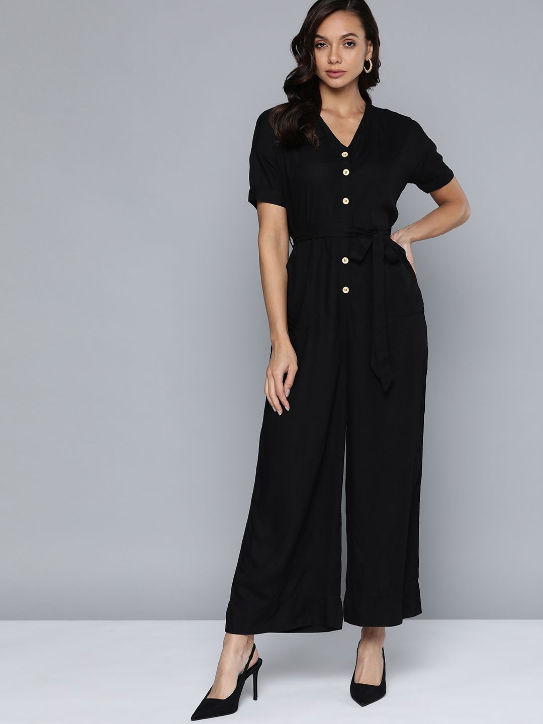 Chemistry Black Solid Flared Jumpsuit with Belt Price in India