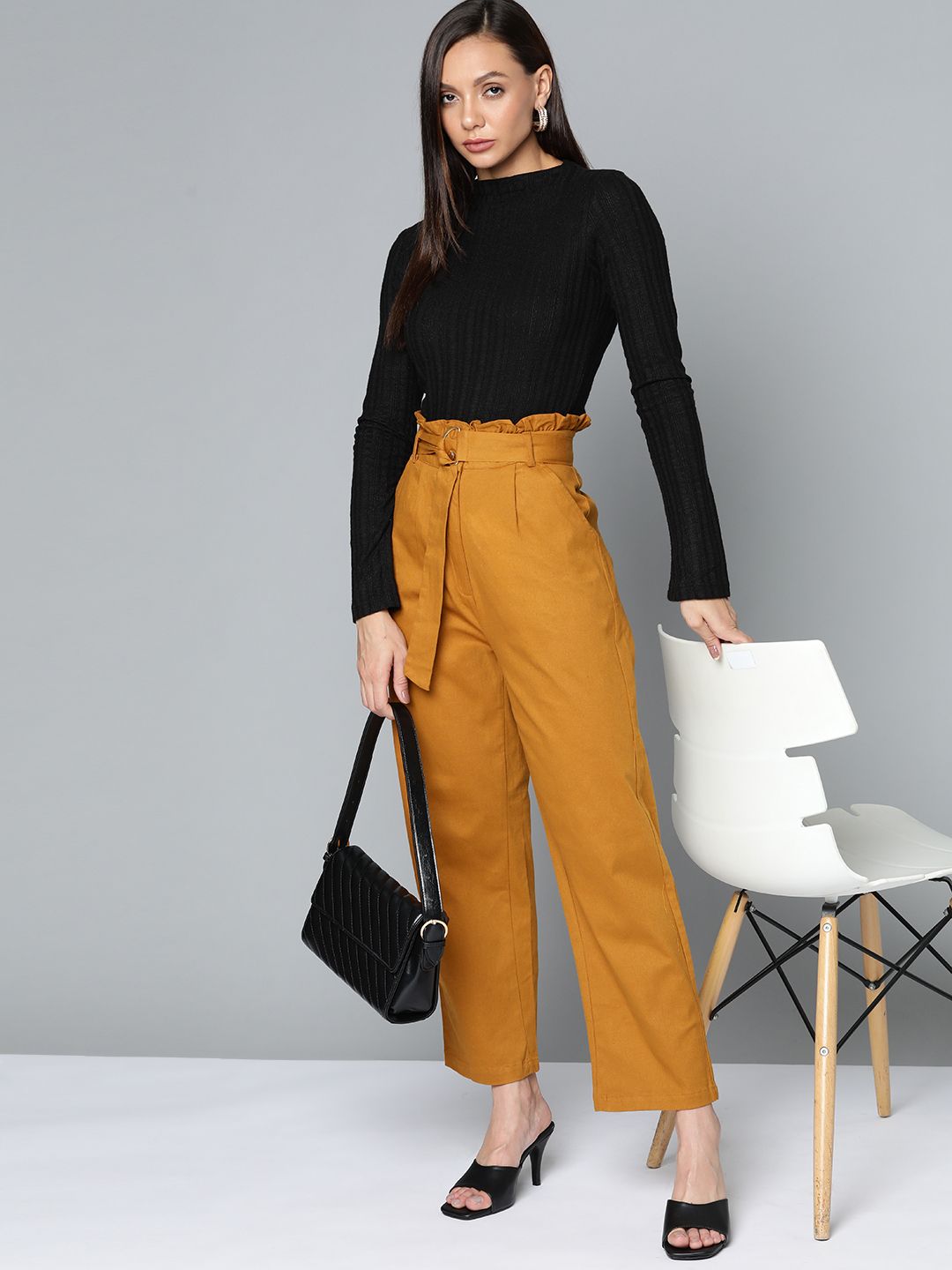 Chemistry Women Mustard Yellow High-Rise Pleated Trousers with Belt Price in India
