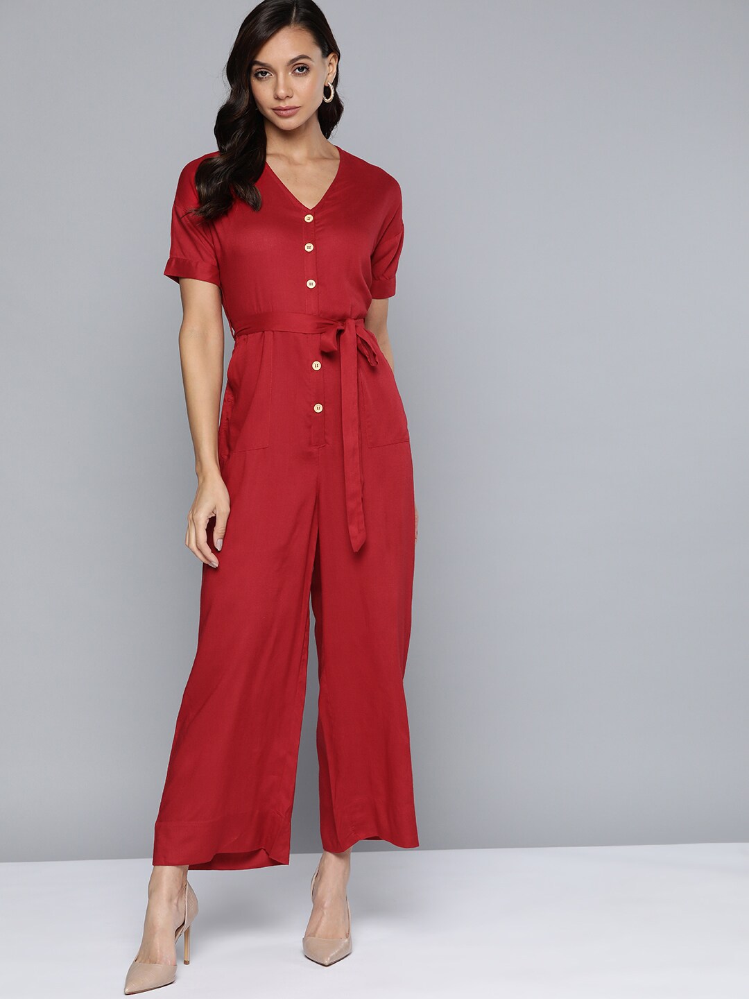 Chemistry Red Solid Flared Jumpsuit with Belt Price in India