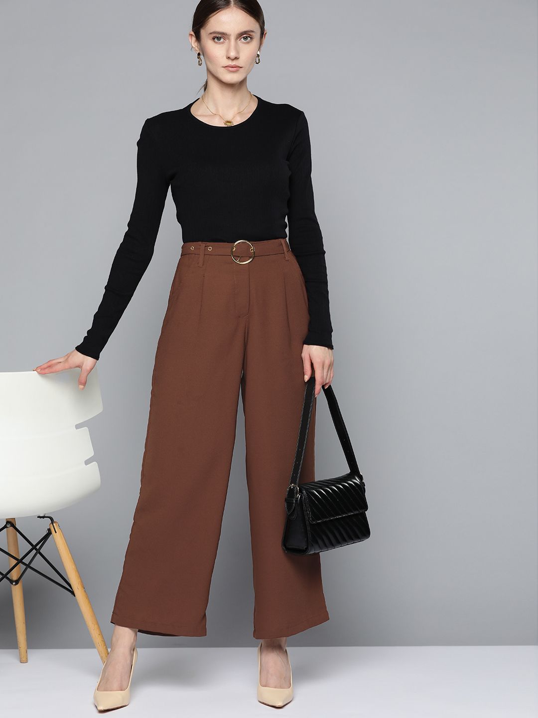 Chemistry Women Brown Solid Pleated Trousers with Belt Price in India