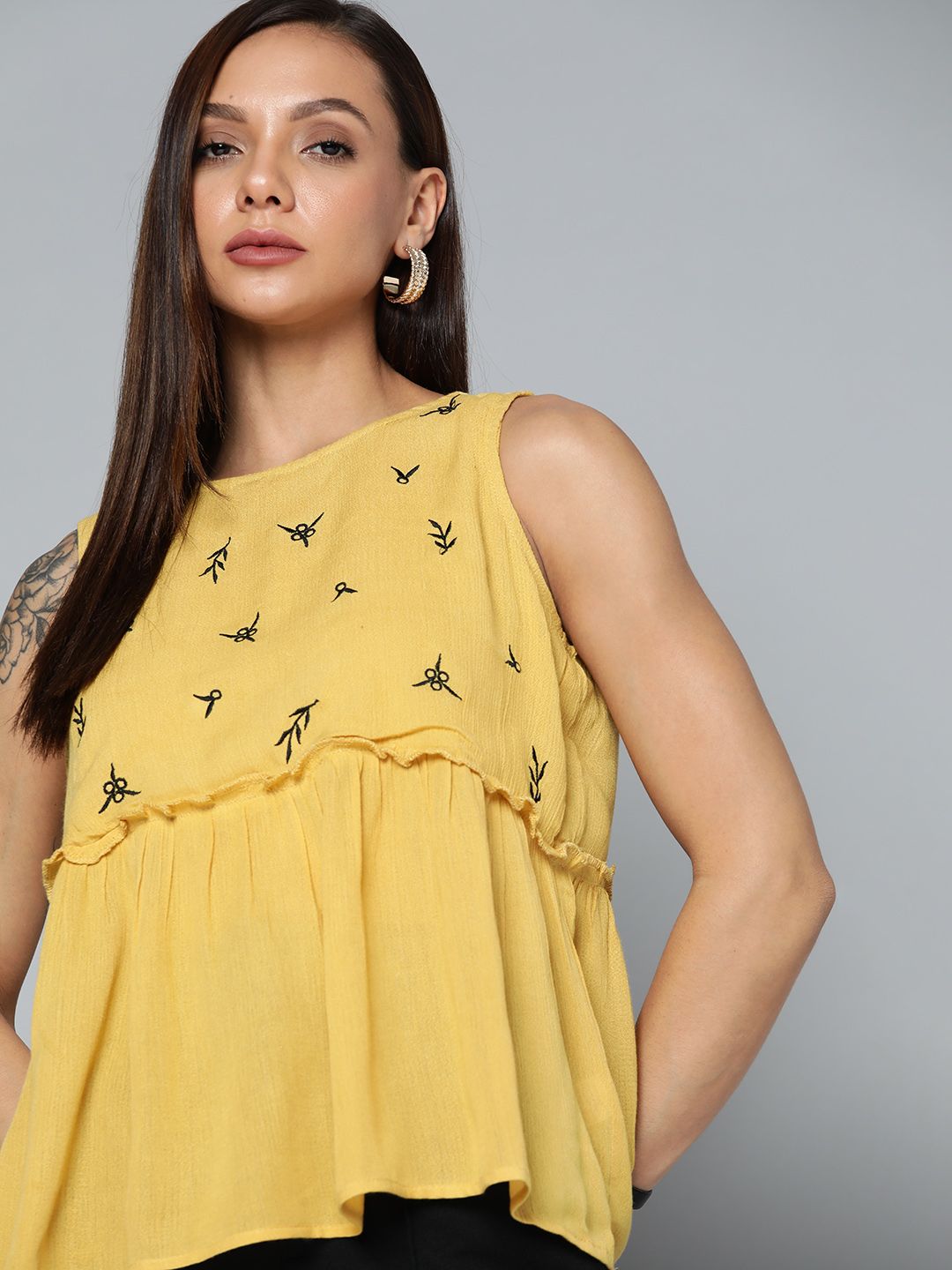 Chemistry Mustard Yellow & Black Floral Embroidered Top Price in India
