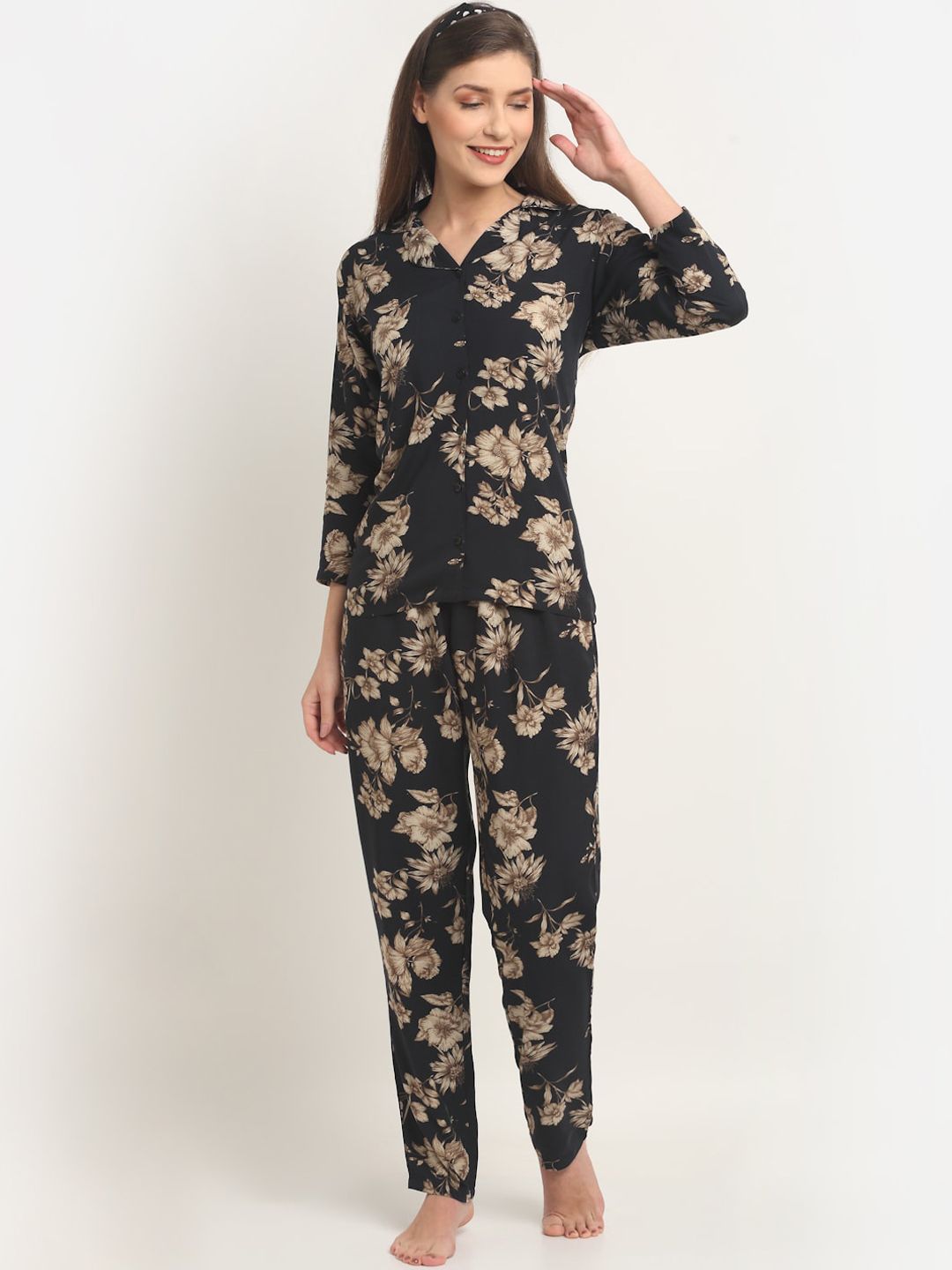 Claura Women Black & Brown Floral Printed Night suit Price in India