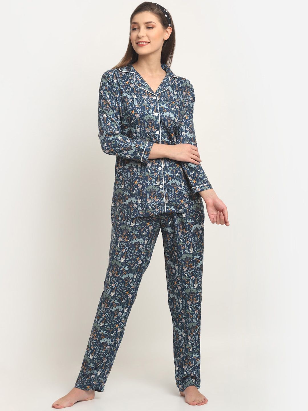 Claura Women Navy Blue & White Printed Cotton Night suit Price in India